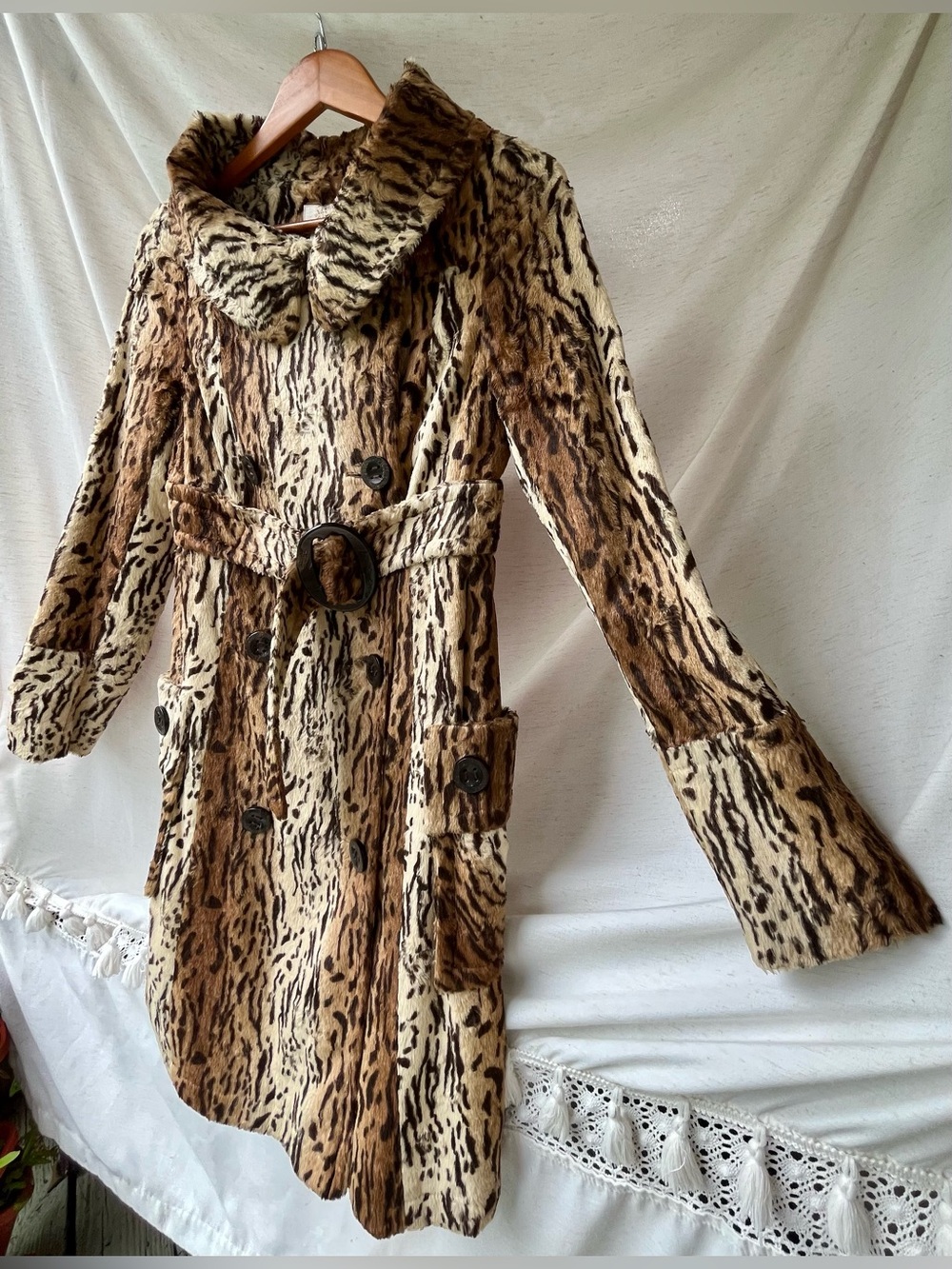 Sara Berman Faux Fur Pea Coat Portrait Neckline Collar Tiger Stripe Vintage - Picture 4 of 16